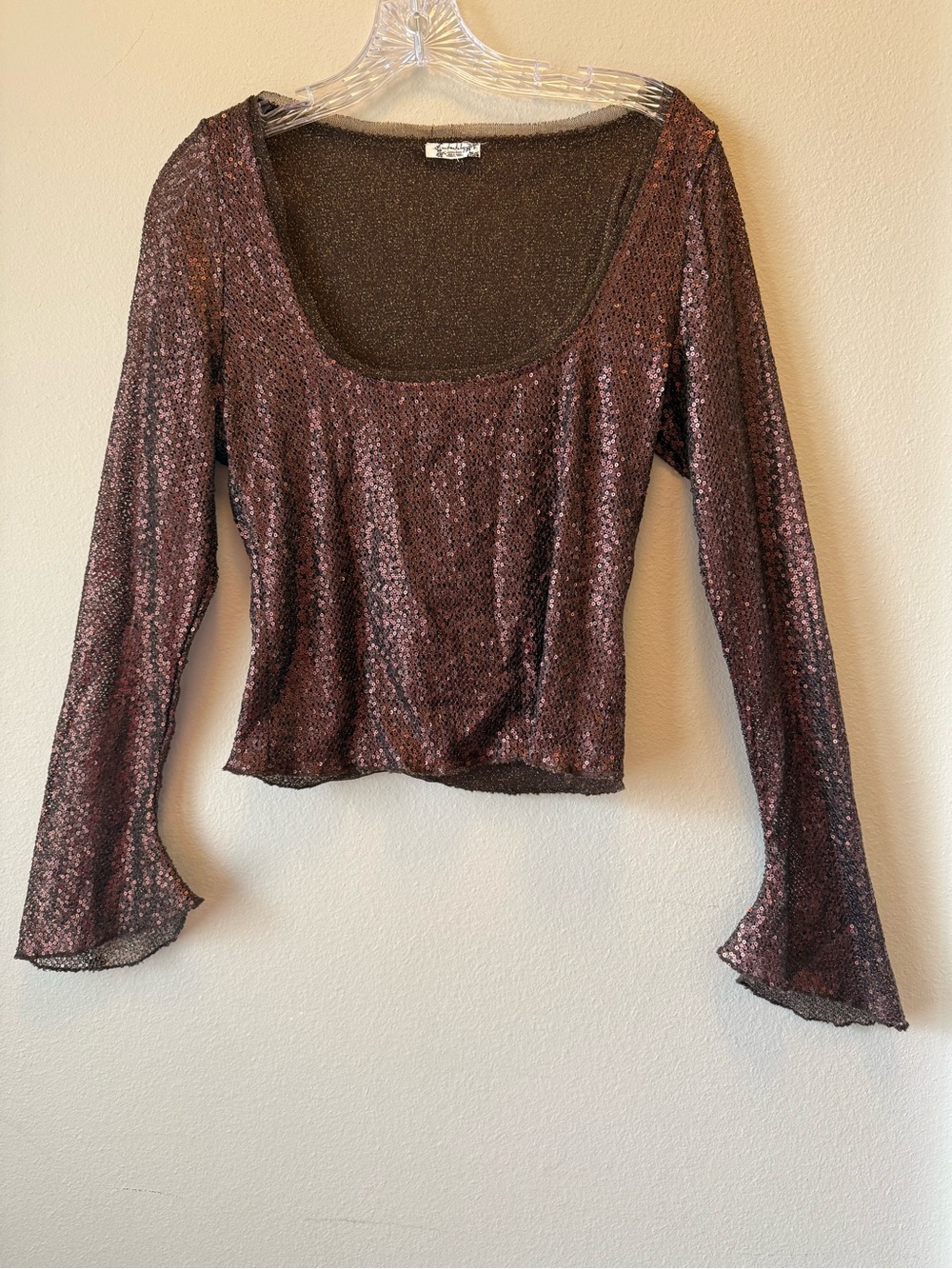 Intimately Free People Late Night Disco Brown Sequin Scoop-Neck Lng Sleeve Top L - Picture 3 of 15